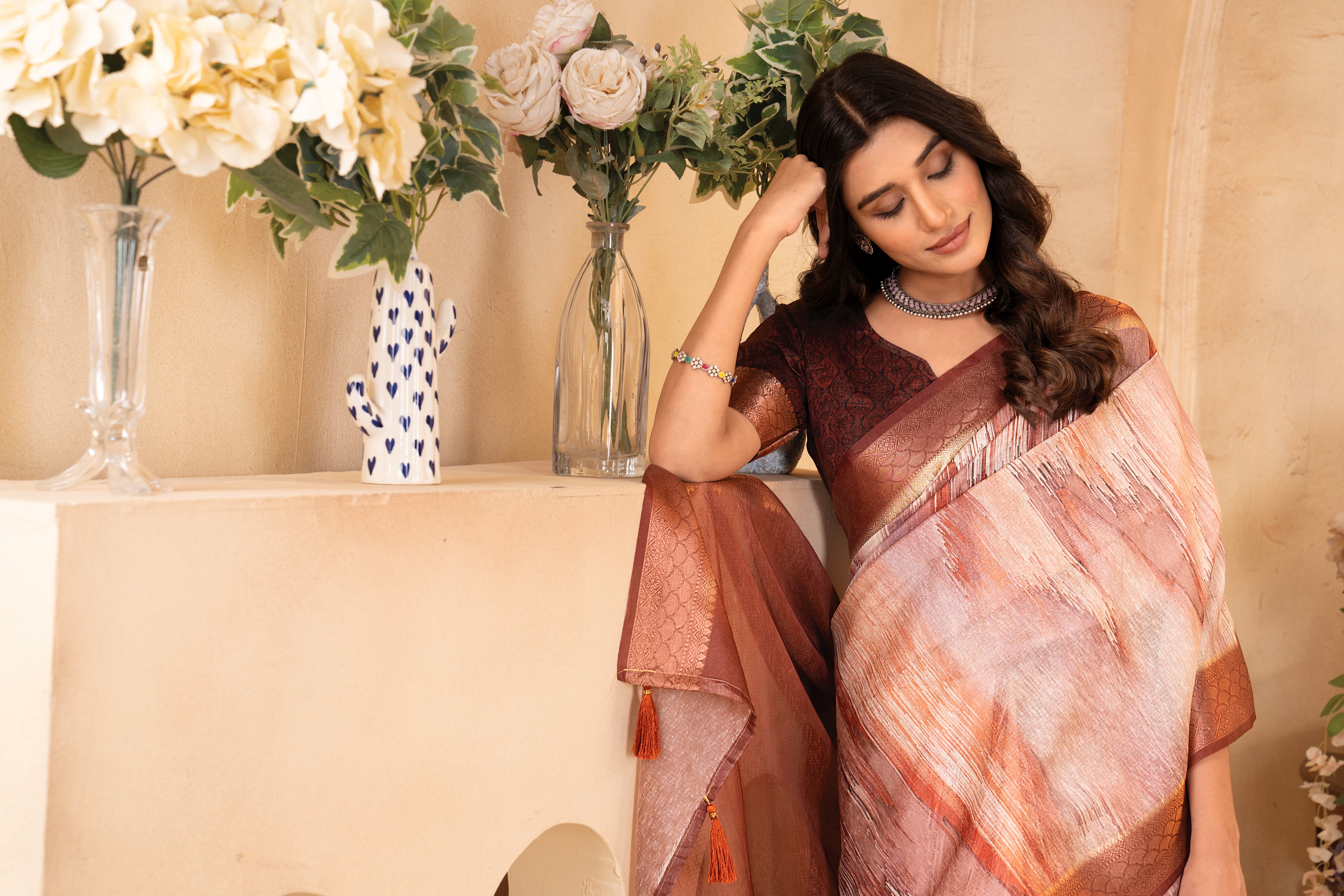 Rust Orange Tussar Silk Saree